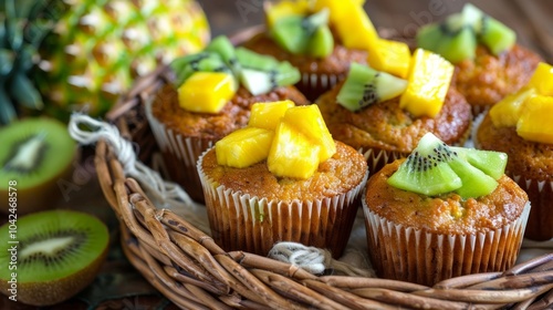 A basket filled with buckwheat muffins each one topped with a different fruit such as sliced kiwi diced mango or chunks of pineapple. photo