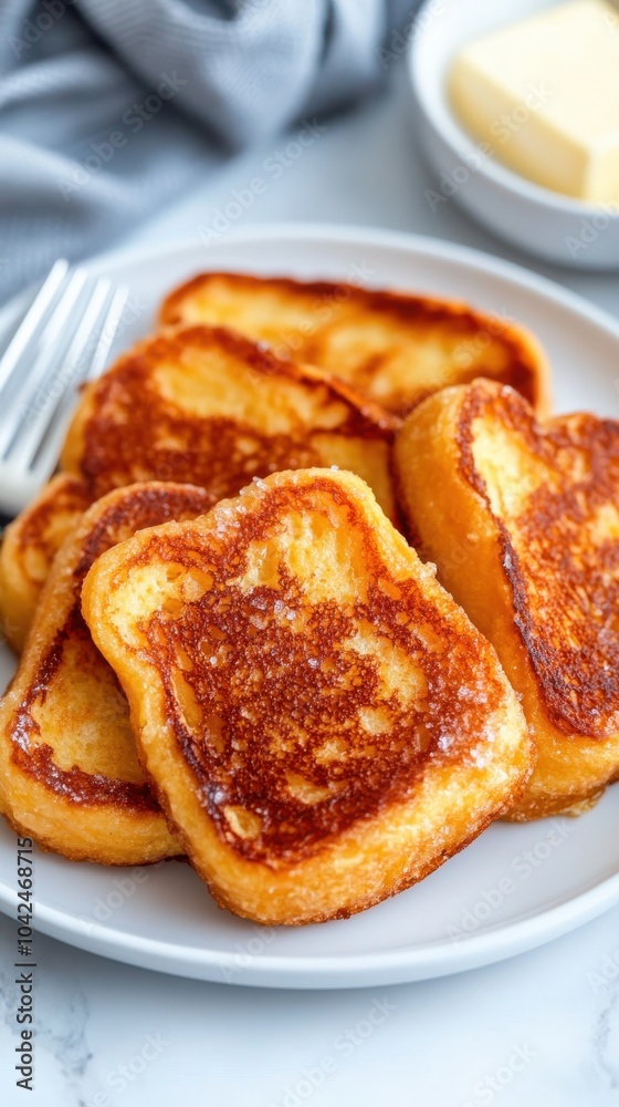 A plate filled with golden-brown French toast slices, offering a delightful representation of a classic breakfast that is both comforting and delicious. A plate filled with golden-brown French toast slices, offering a delightful representation of a classic breakfast that is both comforting and delicious.