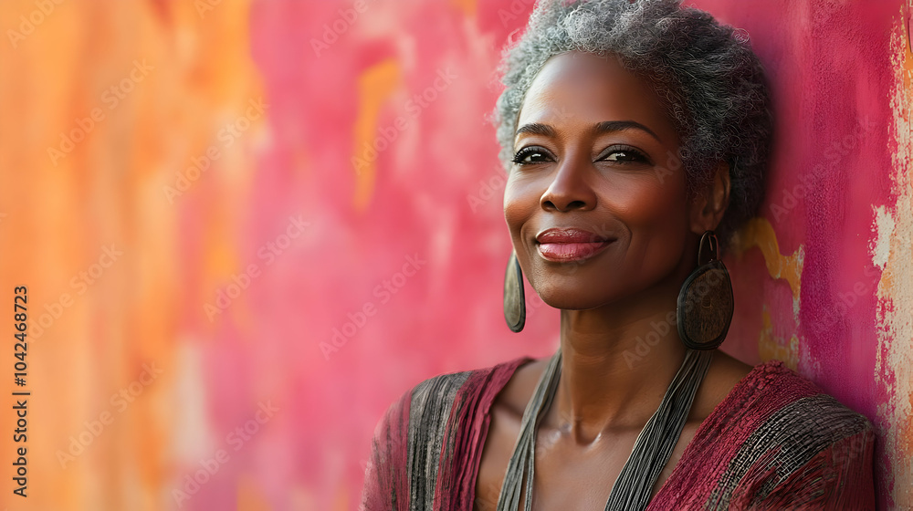 Portrait of a woman with silver hair against a colorful wall. Portrait of a woman with silver hair against a colorful wall.