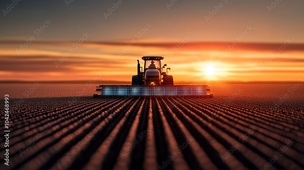 Fototapeta premium Tractor at sunset, preparing field, against vibrant sky, agricultural landscape.