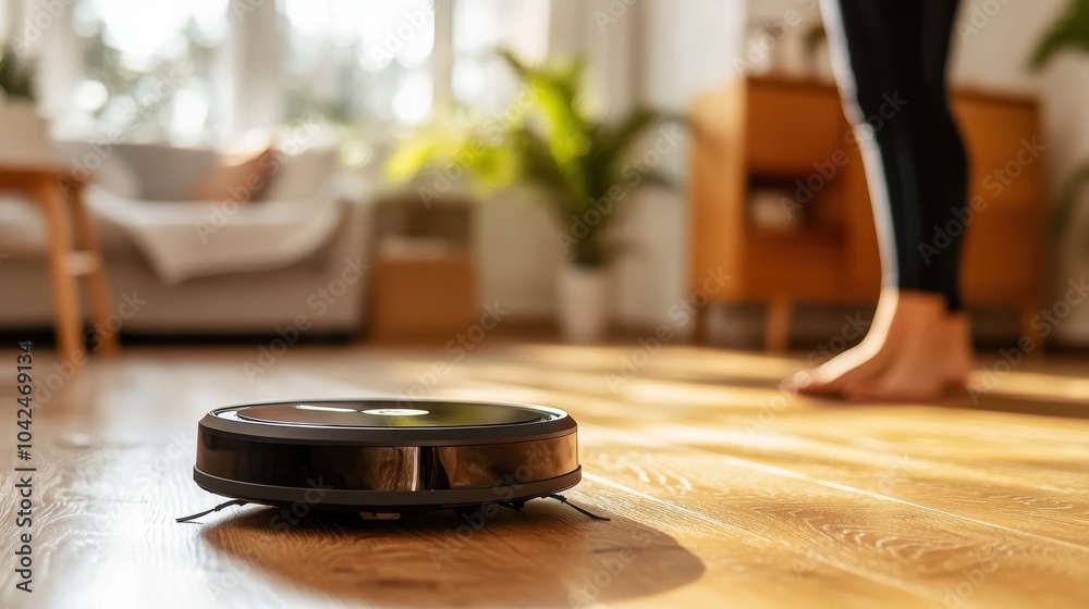 A robot vacuum cleaner operates on a wooden floor in a sunlit room, beside a standing person showcasing modern technology in a comfortable home environment. A robot vacuum cleaner operates on a wooden floor in a sunlit room, beside a standing person showcasing modern technology in a comfortable home environment.