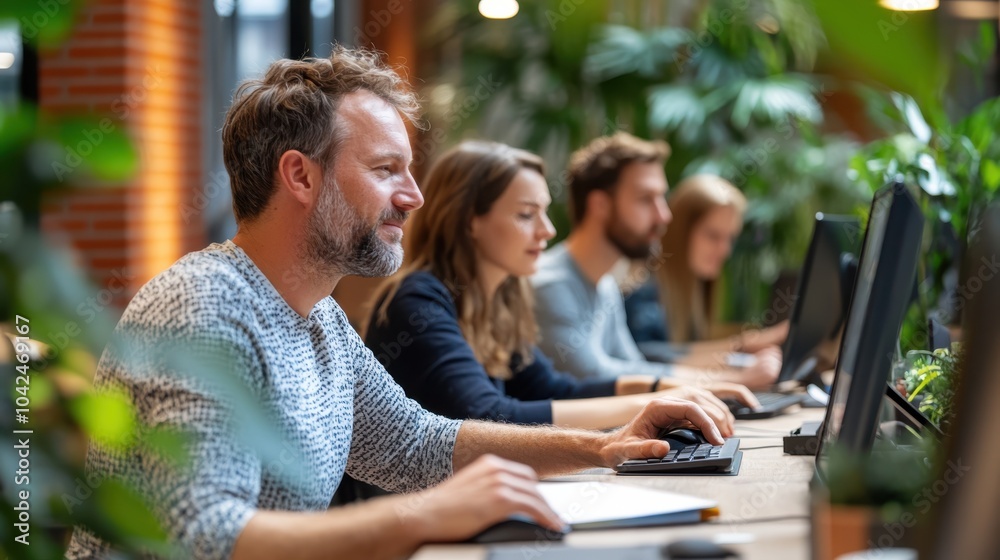 Diverse team of engaged professionals focusing on their computers in a modern, plant-filled workspace, emphasizing teamwork and productivity in a comfortable setting.