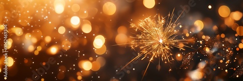 A sparkling New Year's background with golden bokeh lights and fireworks