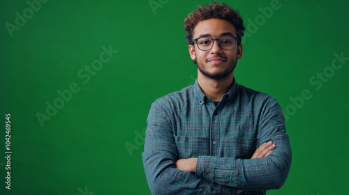 Individual with glasses leaning slightly forward radiating confidence and resilience. photo