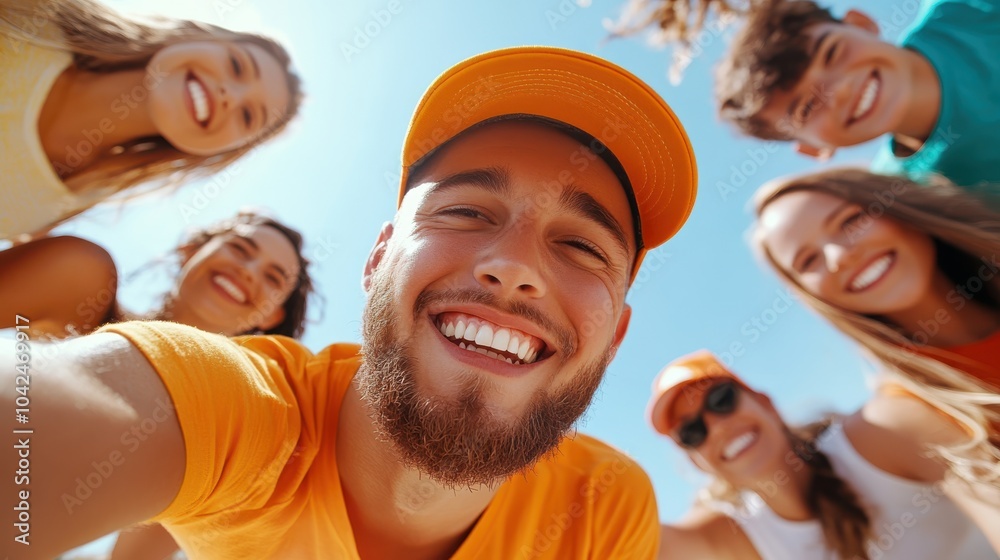 Obraz premium A lively group of friends gathers with joyful expressions under clear blue skies, capturing the essence of happiness, unity, and the vibrancy of sunny days spent together.