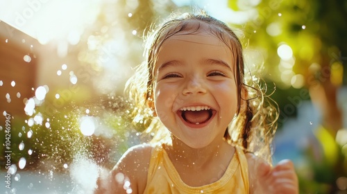 A laughing child delights in water play amidst sunshine, embodying joy and carefree spirit, set in a vivid and warm summer day scene outdoors in nature. photo