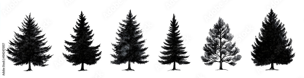Fototapeta premium Black pine tree drawing set isolated on white background