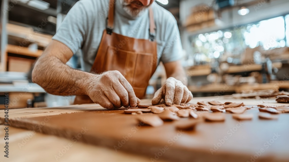 A seasoned craftsman works with precision on leather pieces at a workbench, reflecting dedication, skill, and the timeless artistry of leatherwork craftsmanship. A seasoned craftsman works with precision on leather pieces at a workbench, reflecting dedication, skill, and the timeless artistry of leatherwork craftsmanship.
