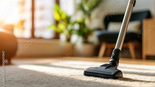 A vacuum cleaner is seen on a textured carpet with sunlight streaming in through a window, emphasizing cleanliness and a tidy home environment in golden hues. photo