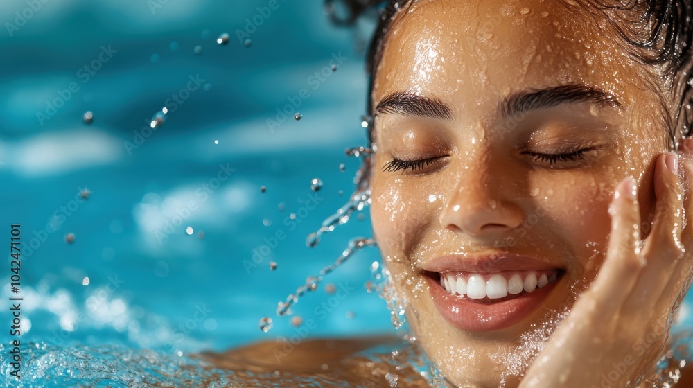 A close-up of a smiling woman with water droplets on her face, portraying happiness and rejuvenation in the therapeutic embrace of refreshing blue water. A close-up of a smiling woman with water droplets on her face, portraying happiness and rejuvenation in the therapeutic embrace of refreshing blue water.