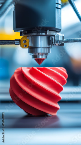 Innovative 3d printing technology showcasing a red helical design in motion