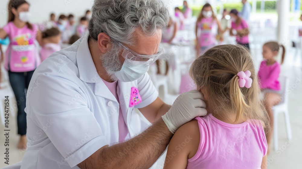 Fototapeta premium Doctor administering vaccine to young girl in community health clinic
