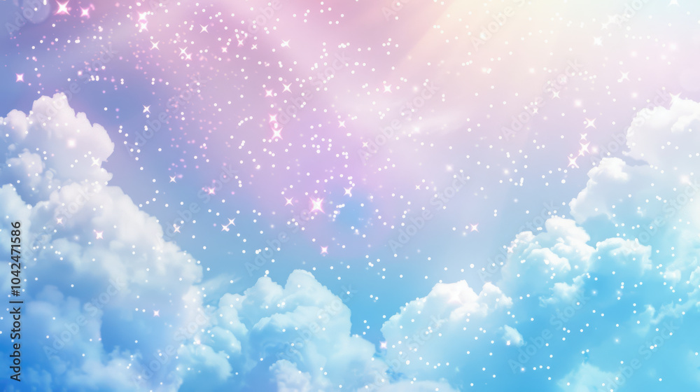 Enchanting Pastel Sky: Soft Blue, Yellow, and Pink Clouds with Subtle Stars, Perfect for Creative Cover Designs and Banners