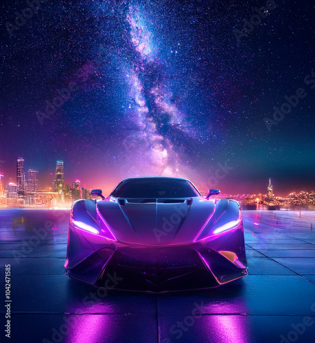 a sports car with the city in the background and the starry sky