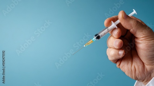 A close-up image showing a hand firmly holding a syringe, poised for administering a medical injection, on a uniform teal background, symbolizing health care.