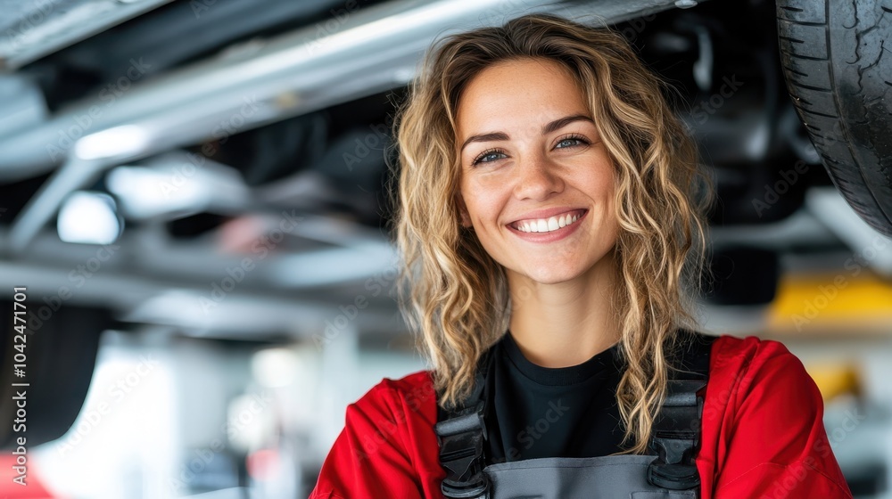 This image showcases a lady mechanic smiling while wearing a red outfit, demonstrating skill and expertise under a car, in a vastly male-dominated industry. This image showcases a lady mechanic smiling while wearing a red outfit, demonstrating skill and expertise under a car, in a vastly male-dominated industry.