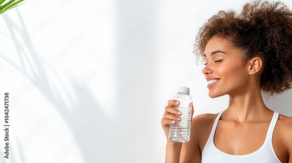 A cheerful woman rehydrates with a fresh bottle of water, basking in natural light with a serene expression, symbolizing health, purity, and hydration focus. A cheerful woman rehydrates with a fresh bottle of water, basking in natural light with a serene expression, symbolizing health, purity, and hydration focus.