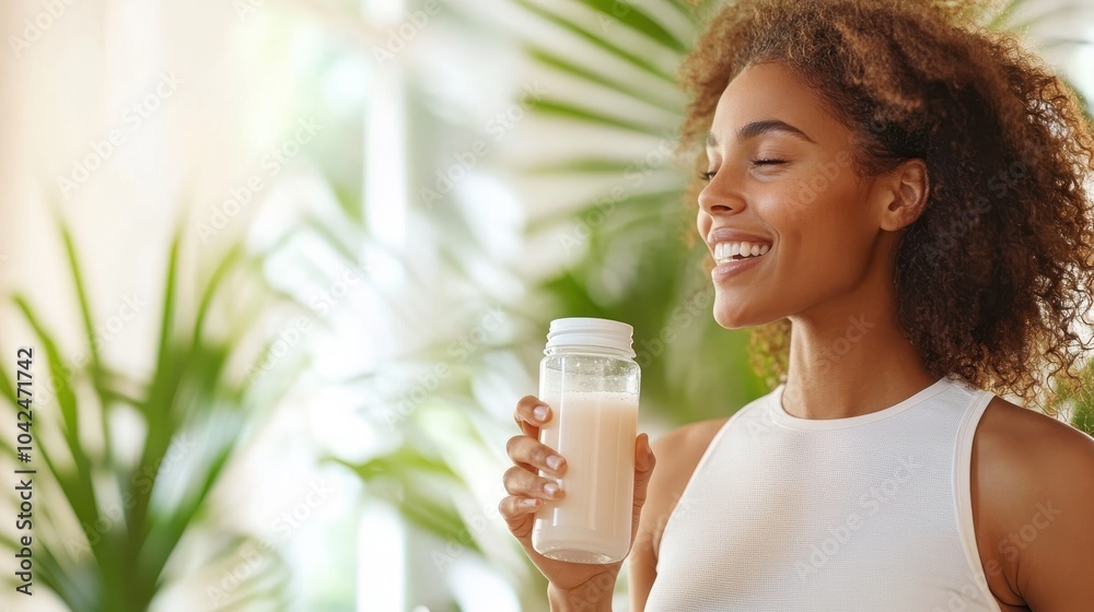 A joyful woman in a bright environment savoring a nutritious and healthy drink, exuding happiness and wellness, with a focus on the peaceful and vibrant setting. A joyful woman in a bright environment savoring a nutritious and healthy drink, exuding happiness and wellness, with a focus on the peaceful and vibrant setting.