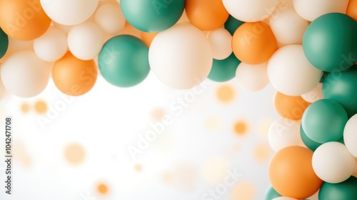 Orange, green, and white balloons form a vibrant arch, creating a festive and joyful ambiance perfect for celebrations and parties with colorful arrangements. photo