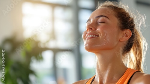 A sweaty woman basking in the post-workout glow, characterized by a satisfied and refreshed expression, set within a sunlit environment that emphasizes vitality. photo