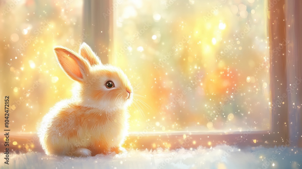 Enchanting sunlit bunny among sparkling light particles by a window Enchanting sunlit bunny among sparkling light particles by a window