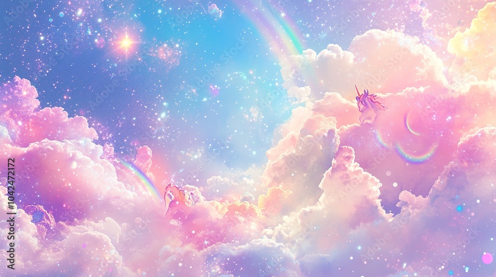 Dreamy Pastel Clouds with Rainbows and Stars