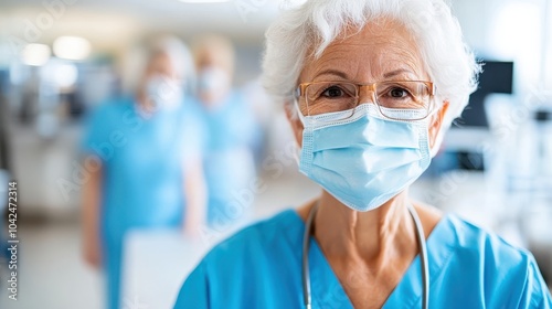 A senior nurse, identifiable by her white hair and glasses, is pictured in scrubs with a stethoscope, showcasing a responsible and caring role in healthcare services.