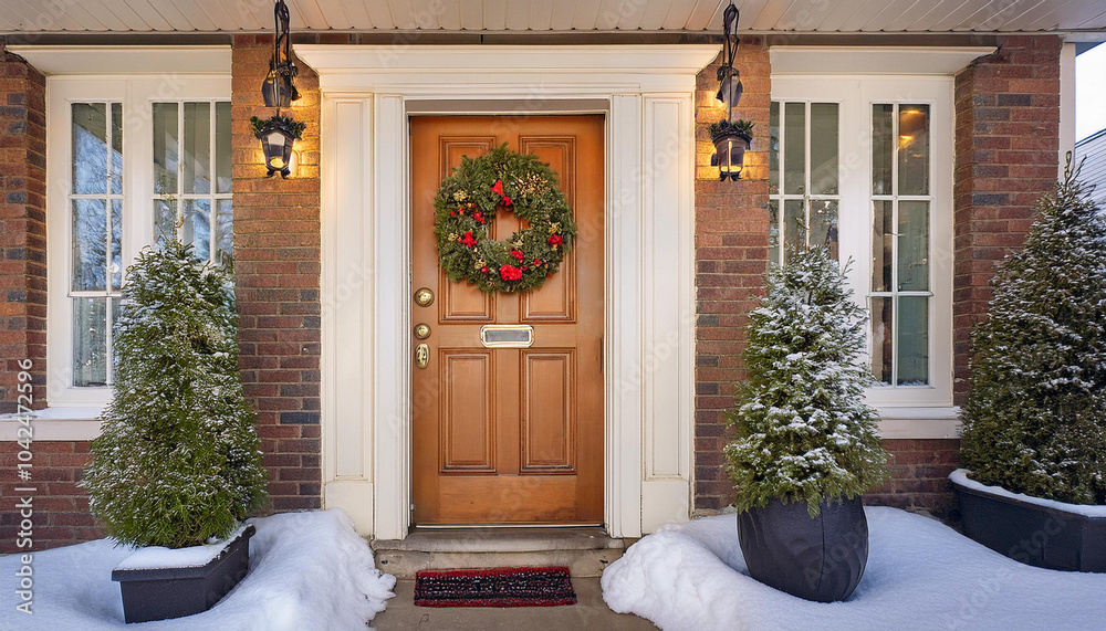 Fototapeta premium Holiday front door, Christmas, ornaments, decorations, swags, wreath, charming, house, home