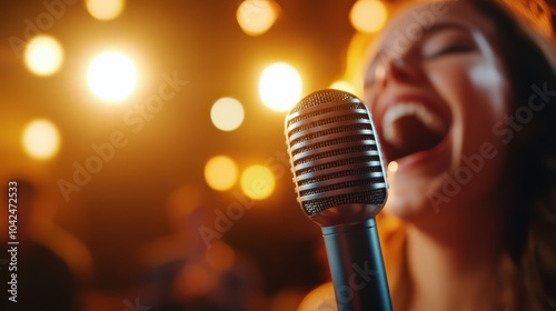 A close-up of a singer passionately performing with focus on a vintage-style microphone, surrounded by a glowing background of stage lights, capturing the essence of music.