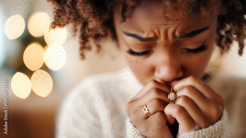 A close-up photograph of a woman with curly hair, deeply in thought and holding rings near her face, symbolizing contemplation and personal style.