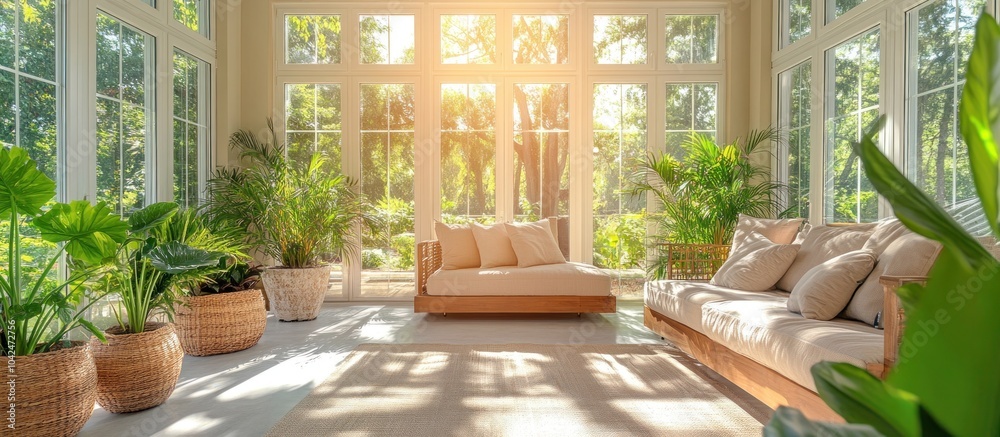 A bright and airy sunroom with large windows, comfortable couches, and lush plants. A bright and airy sunroom with large windows, comfortable couches, and lush plants.