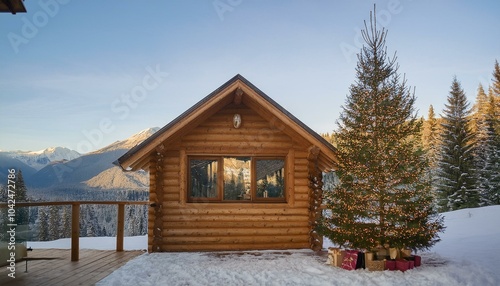 Log cabin in the mountains, log home, winter, snow forest, trees, blue sky
