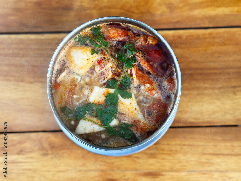 Close up of Thai Tomyum with prawn and mushroom Close up of Thai Tomyum with prawn and mushroom