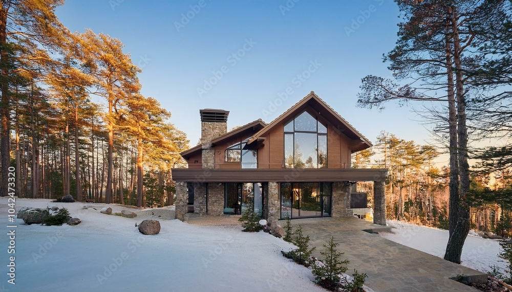 Log cabin in the mountains, log home, winter, snow forest, trees, blue sky Log cabin in the mountains, log home, winter, snow forest, trees, blue sky