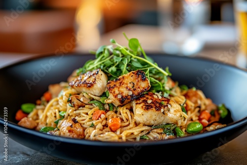 A delicious plate of stir-fried noodles topped with grilled chicken and greens.