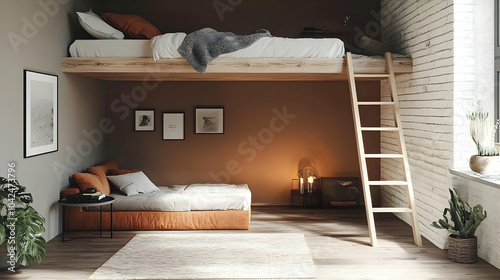 Cozy bedroom with a loft be...