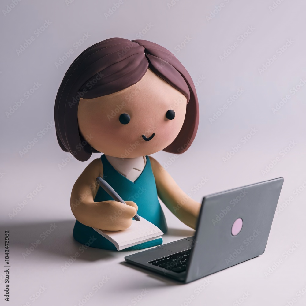 Cute Claymation Figure Diligently Working on Laptop