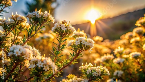 Description: Low angle view of lakonos bush flowers shining in the sunlight like candles photo