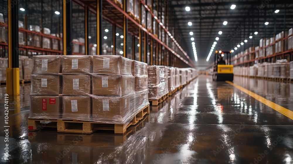 Fototapeta premium Vast warehouse interior with palletized boxes and forklift in motion