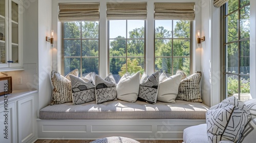 Unwind in this sunroom filled with natural light and a plush window seat for ultimate comfort. Soft ds and patterned accent pillows add a touch of elegance to the cozy space. photo