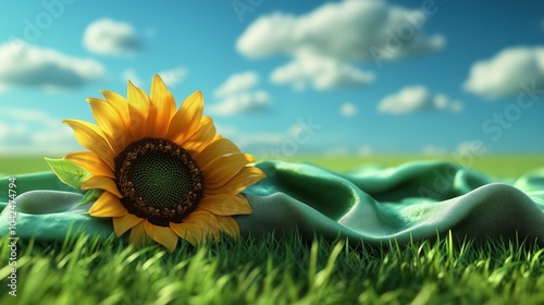 Sunflower on green fabric in sunny field with blue skies and clouds