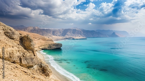 Luxury Beach in Oman: A Stunning Oasis of Tranquility and Natural Beauty: This breathtaking image showcases the pristine shores of a luxury beach in Oman, characterized by soft, golden sands 