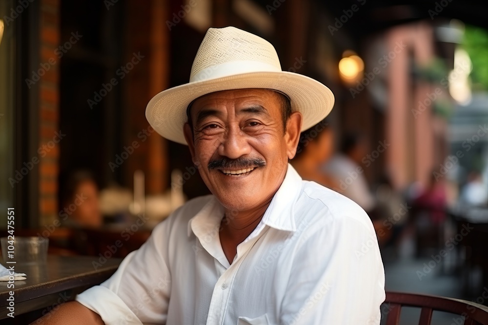 Portrait of an old man sitting in a cafe with a hat Portrait of an old man sitting in a cafe with a hat
