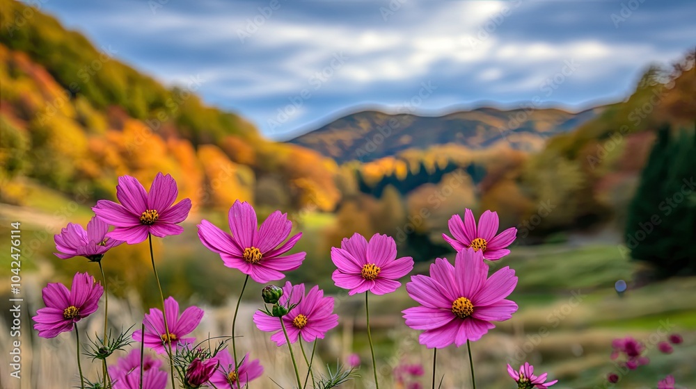 Obraz premium Vibrant Pink Cosmos Flowers in Autumn Landscape