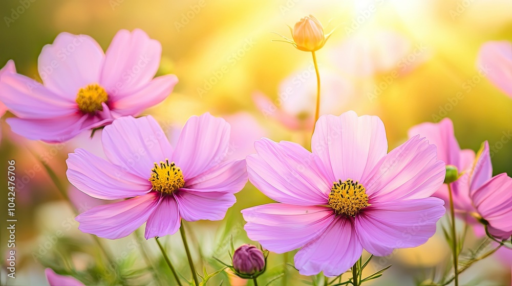 Beautiful Pink Cosmos Flowers in Soft Morning Light Beautiful Pink Cosmos Flowers in Soft Morning Light