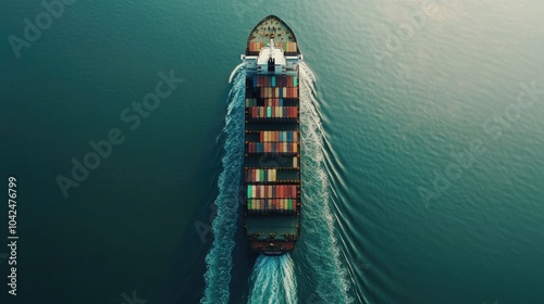 Cargo Ship Sailing on Calm Waters from Above