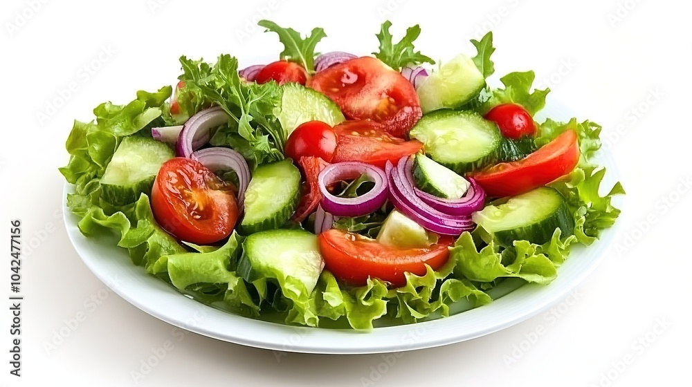 A Plate of Fresh Vegetable Salad on a White Background: This vibrant and colorful salad features an assortment of fresh vegetables, including crisp lettuce, juicy tomatoes, crunchy cucumbers, A Plate of Fresh Vegetable Salad on a White Background: This vibrant and colorful salad features an assortment of fresh vegetables, including crisp lettuce, juicy tomatoes, crunchy cucumbers,
