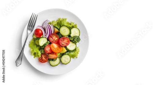 A Plate of Fresh Vegetable Salad on a White Background: This vibrant and colorful salad features an assortment of fresh vegetables, including crisp lettuce, juicy tomatoes, crunchy cucumbers, 