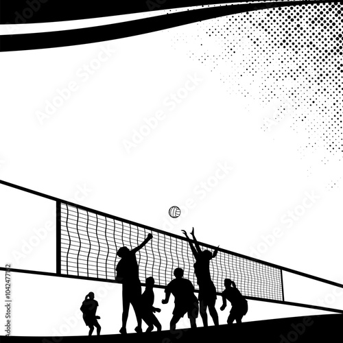 silhouette of six women playing volleyball vector illustration