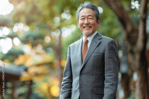 Smiling Middle Aged Japanese Businessman in Suit Walking Outside with Green Trees in Background